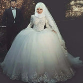 Vestido De Noiva Vintage Lace Long Sleeve Arab Muslim Wedding Dress Elegant Tulle Appliques Wedding Bridal Gowns Plus Size WHITE